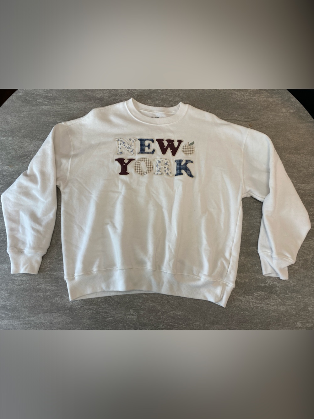 Hollister White Crewneck Sweatshirt with Patterned 'NEW YORK' Appliqué